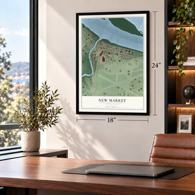 New Market, Pennsylvania map, 18 x 24 inch print in a black frame in a home office