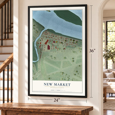 New Market, Pennsylvania map, 24 x 36 inch print in a black frame by a staircase