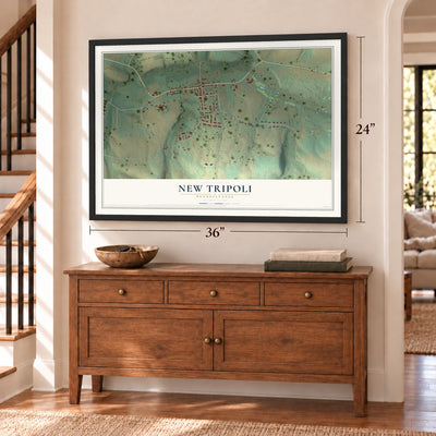 New Tripoli, Pennsylvania map, 24 x 36 inch print in a black frame above a dresser by a staircase