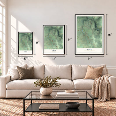 Nixon, Pennsylvania map in 12 x 18, 18 x 24 and 24 x 36 inch sizes above a sofa