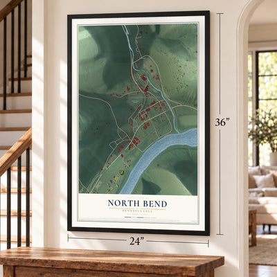 North Bend, Pennsylvania map, 24 x 36 inch print in a black frame by a staircase