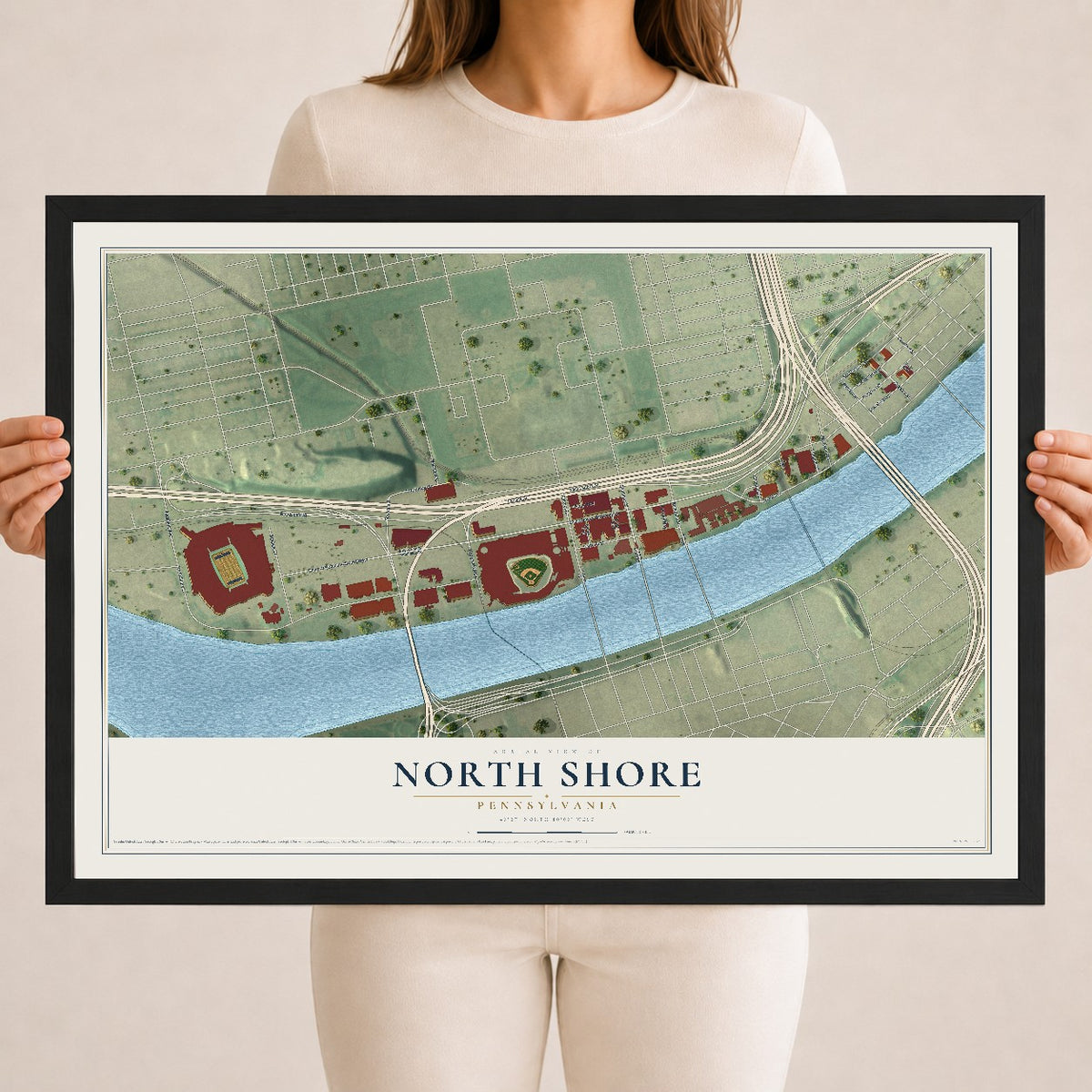 Map of North Shore, Pennsylvania, 18 x 24 inch print in a black wood frame