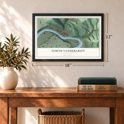 North Vandergrift, Pennsylvania map, 12 x 18 inch print in a black frame in an entryway