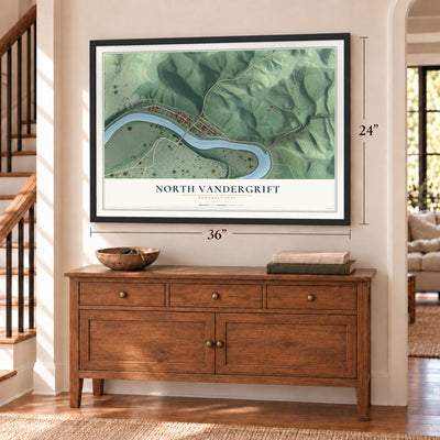 North Vandergrift, Pennsylvania map, 24 x 36 inch print in a black frame above a dresser by a staircase