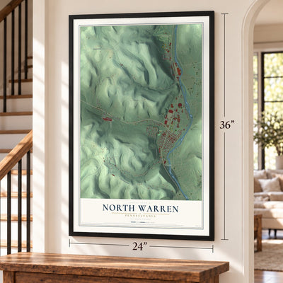 North Warren, Pennsylvania map, 24 x 36 inch print in a black frame by a staircase