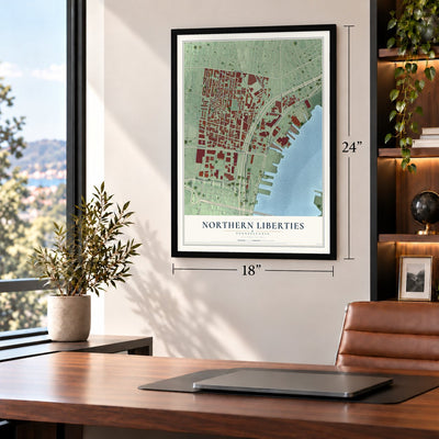 Northern Liberties, Pennsylvania map, 18 x 24 inch print in a black frame in a home office