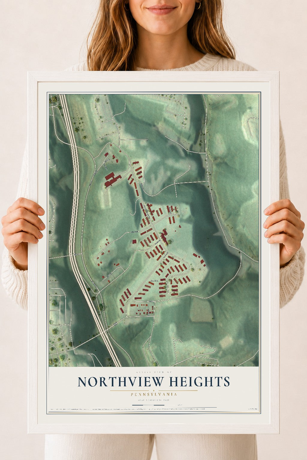 Map of Northview Heights, Pennsylvania, 18 x 24 inch print in a white wood frame