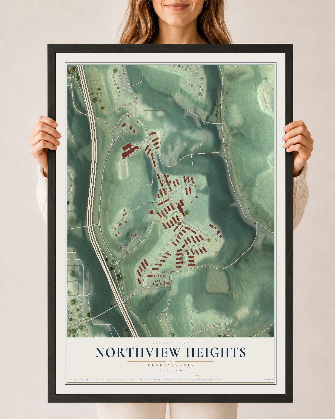 Map of Northview Heights, Pennsylvania, 24 x 36 inch print in a black wood frame