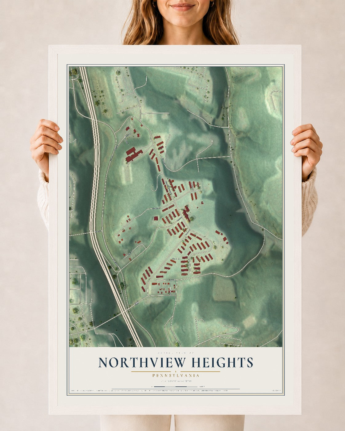 Map of Northview Heights, Pennsylvania, 24 x 36 inch print in a white wood frame