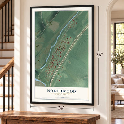 Northwood, Pennsylvania map, 24 x 36 inch print in a black frame by a staircase