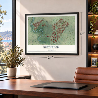 Northwood, Philadelphia, Pennsylvania map, 18 x 24 inch print in a black frame in a home office