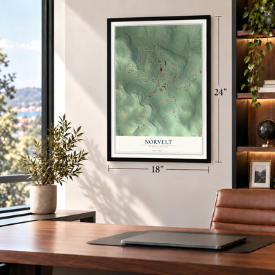 Norvelt, Pennsylvania map, 18 x 24 inch print in a black frame in a home office