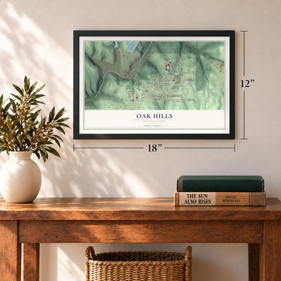 Oak Hills, Pennsylvania map, 12 x 18 inch print in a black frame in an entryway