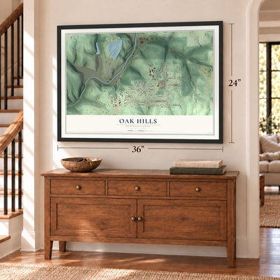 Oak Hills, Pennsylvania map, 24 x 36 inch print in a black frame above a dresser by a staircase