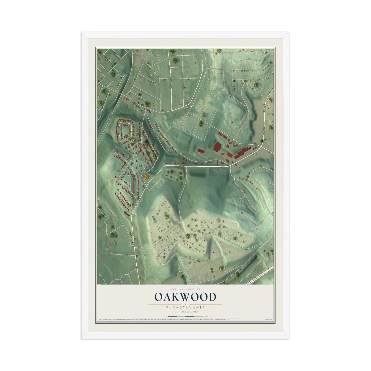 Map of Oakwood, Pennsylvania, 12 x 18 inch print in a white wood frame