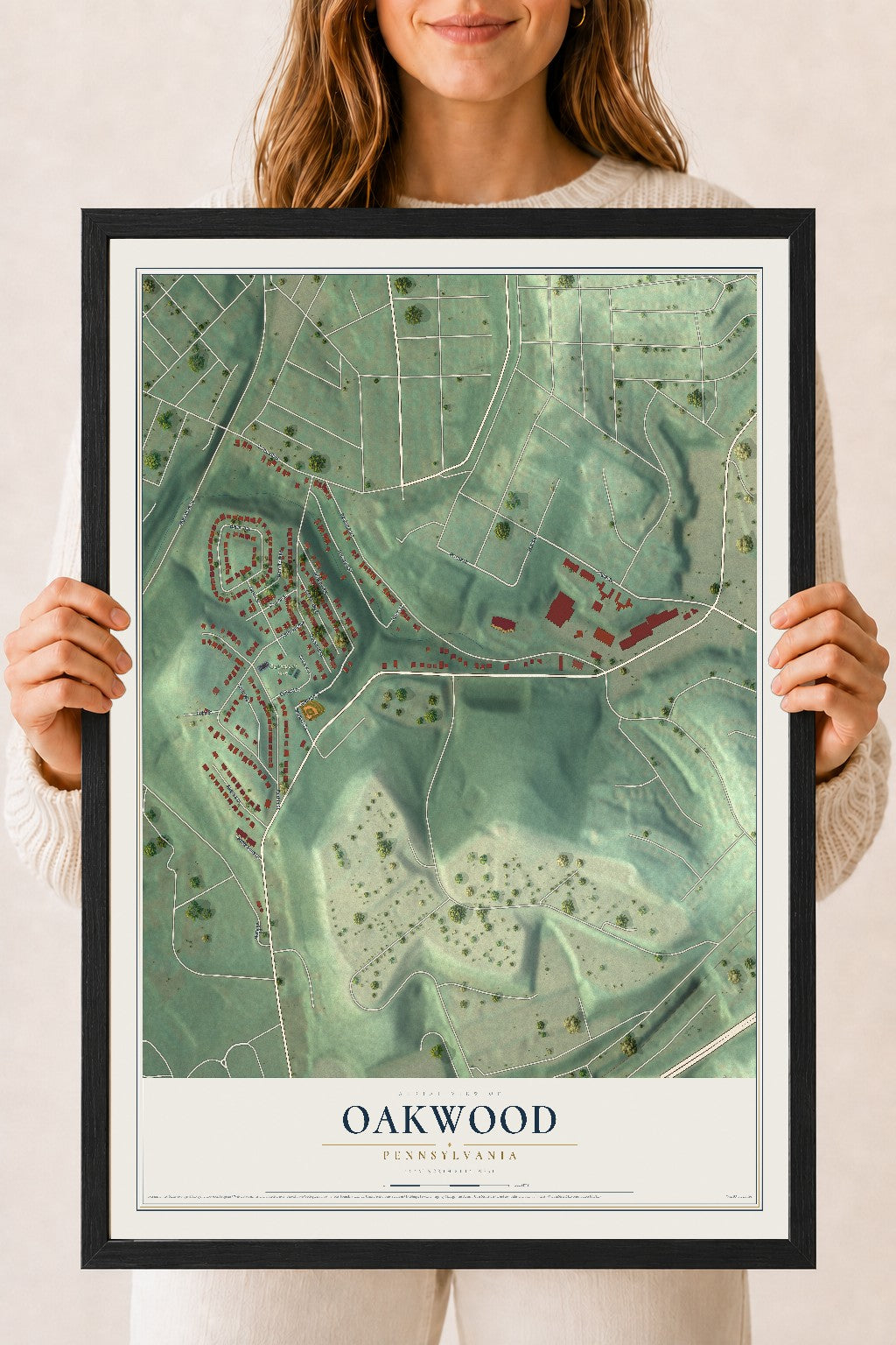 Map of Oakwood, Pennsylvania, 18 x 24 inch print in a black wood frame