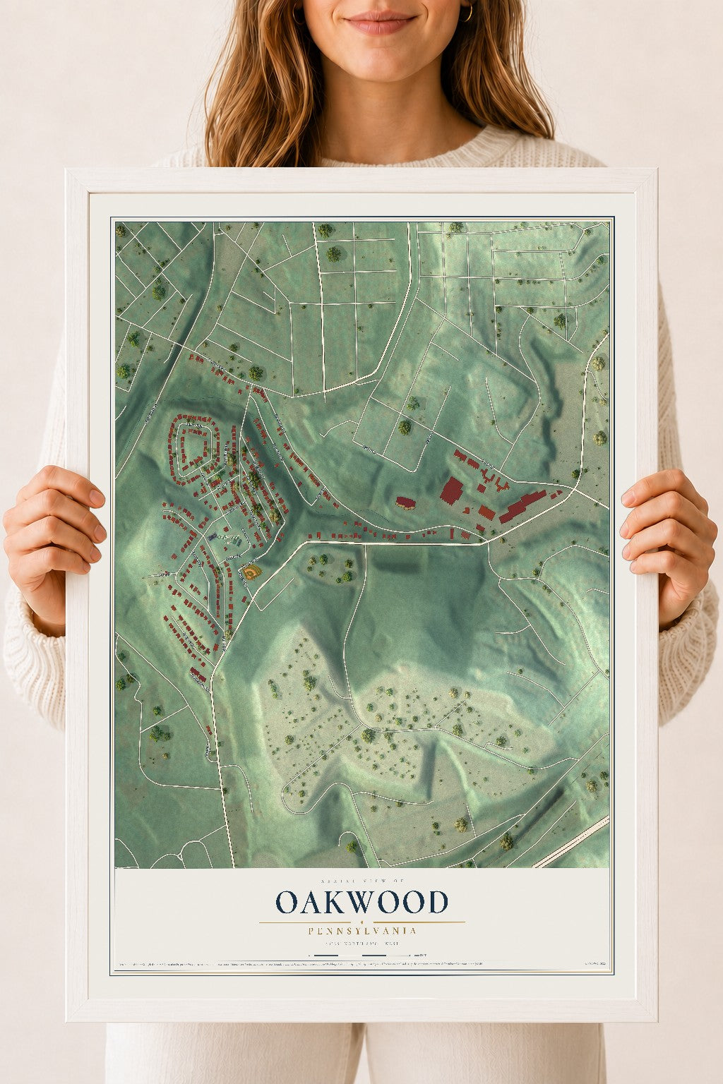 Map of Oakwood, Pennsylvania, 18 x 24 inch print in a white wood frame