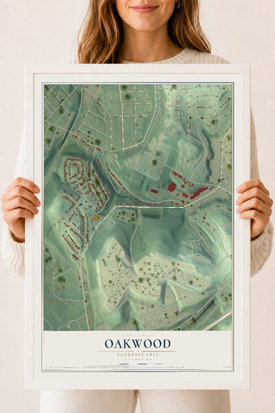 Map of Oakwood, Pennsylvania, 18 x 24 inch print in a white wood frame
