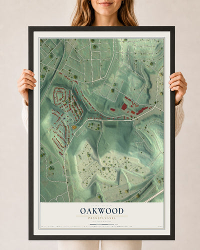 Map of Oakwood, Pennsylvania, 24 x 36 inch print in a black wood frame