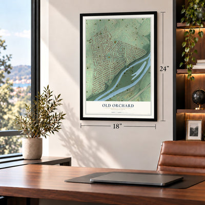 Old Orchard, Pennsylvania map, 18 x 24 inch print in a black frame in a home office