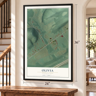Olivia, Pennsylvania map, 24 x 36 inch print in a black frame by a staircase