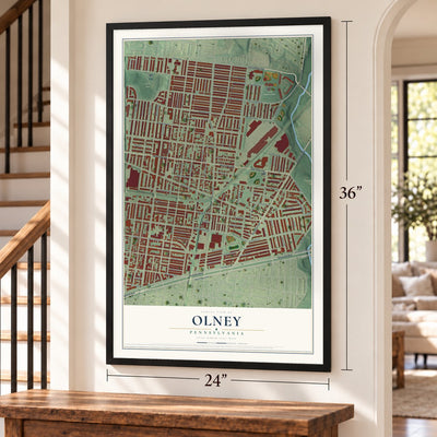 Olney, Pennsylvania map, 24 x 36 inch print in a black frame by a staircase