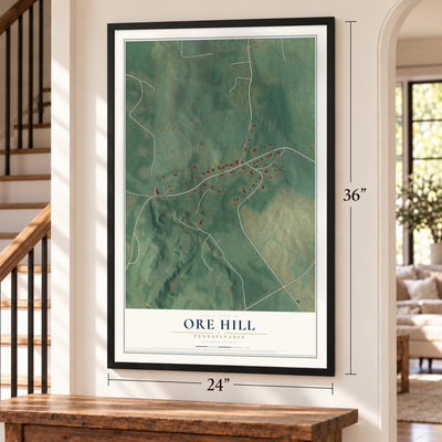 Ore Hill, Pennsylvania map, 24 x 36 inch print in a black frame by a staircase