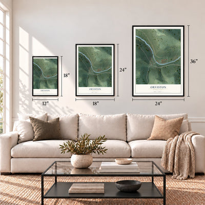 Orviston, Pennsylvania map in 12 x 18, 18 x 24 and 24 x 36 inch sizes above a sofa
