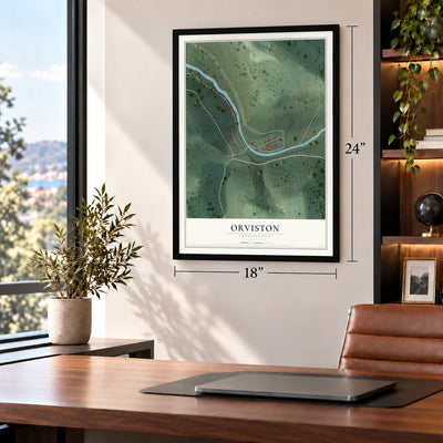 Orviston, Pennsylvania map, 18 x 24 inch print in a black frame in a home office
