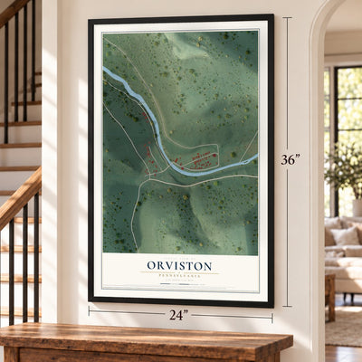Orviston, Pennsylvania map, 24 x 36 inch print in a black frame by a staircase