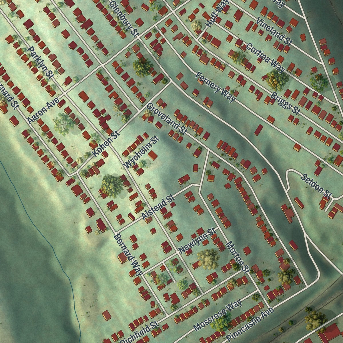 Close-up of the map of Overbrook, Pennsylvania print showing street and building detail