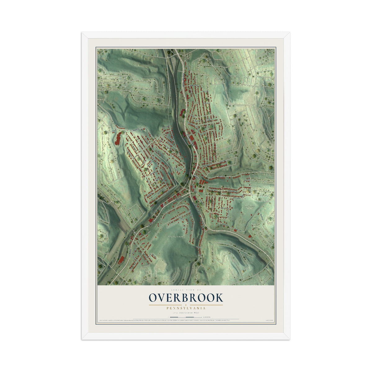 Map of Overbrook, Pennsylvania, 12 x 18 inch print in a white wood frame