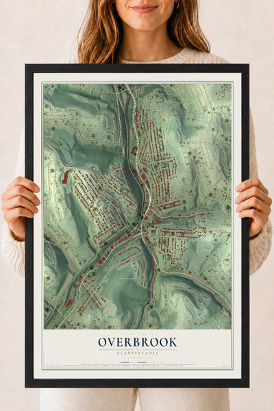 Map of Overbrook, Pennsylvania, 18 x 24 inch print in a black wood frame