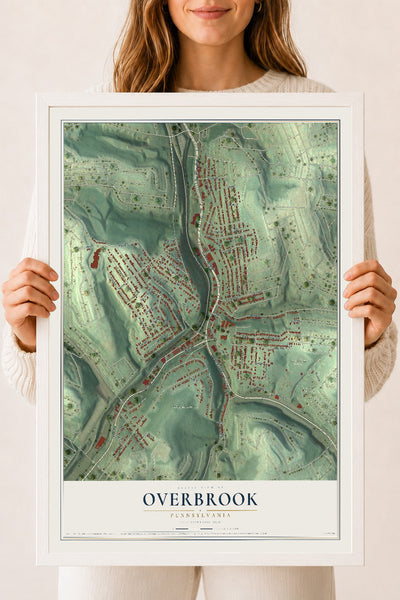 Map of Overbrook, Pennsylvania, 18 x 24 inch print in a white wood frame