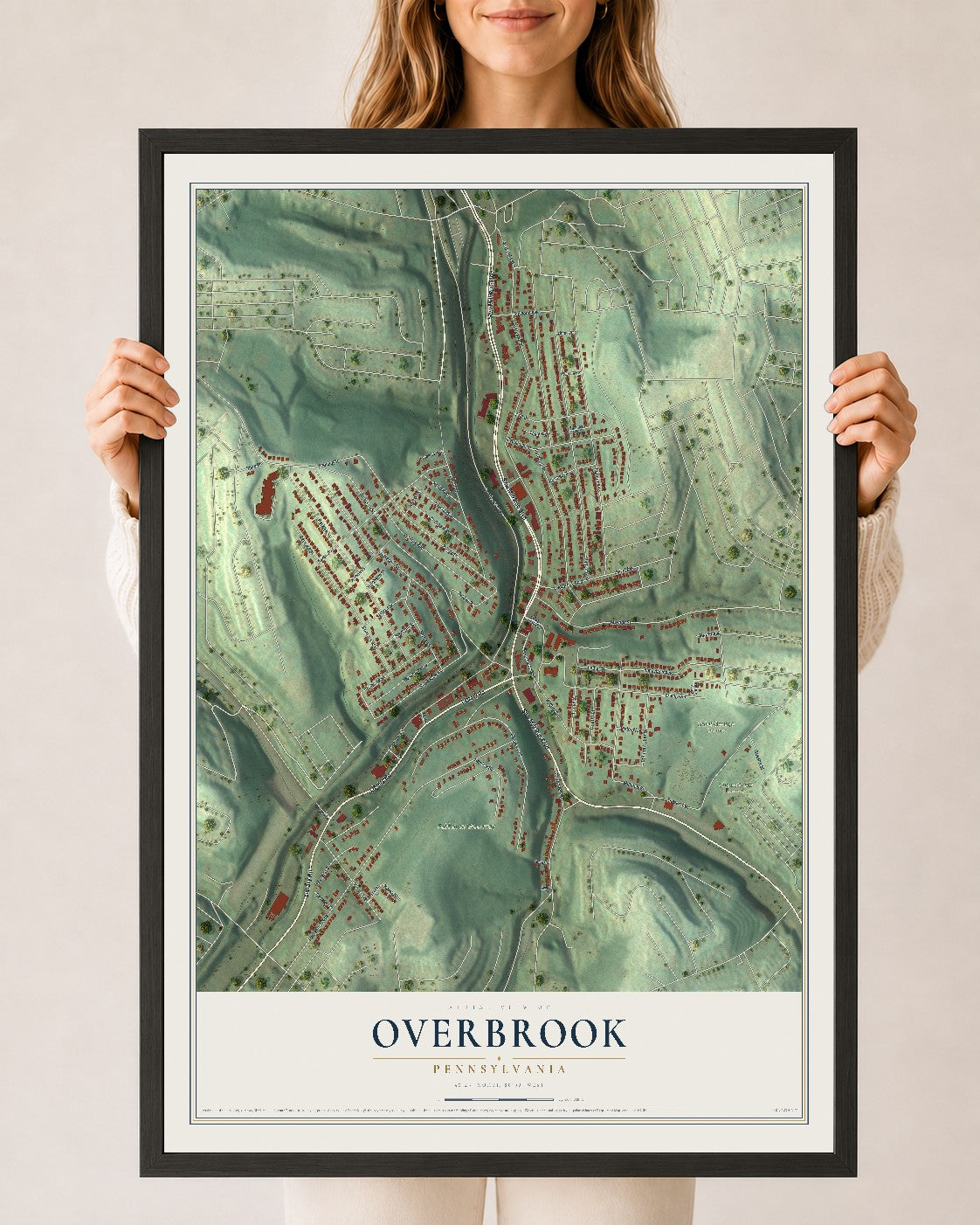Map of Overbrook, Pennsylvania, 24 x 36 inch print in a black wood frame
