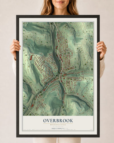 Map of Overbrook, Pennsylvania, 24 x 36 inch print in a black wood frame