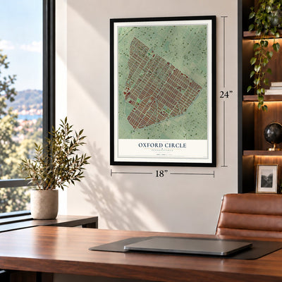 Oxford Circle, Pennsylvania map, 18 x 24 inch print in a black frame in a home office