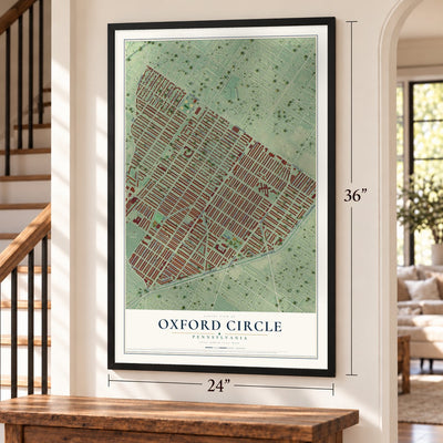 Oxford Circle, Pennsylvania map, 24 x 36 inch print in a black frame by a staircase