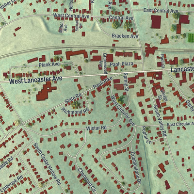 Close-up of the map of Paoli, Pennsylvania print showing street and building detail