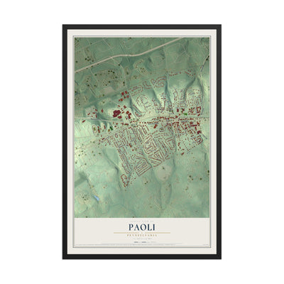 Map of Paoli, Pennsylvania, 12 x 18 inch print in a black wood frame