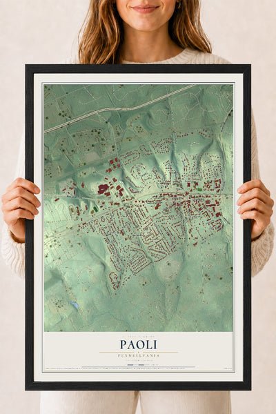Map of Paoli, Pennsylvania, 18 x 24 inch print in a black wood frame