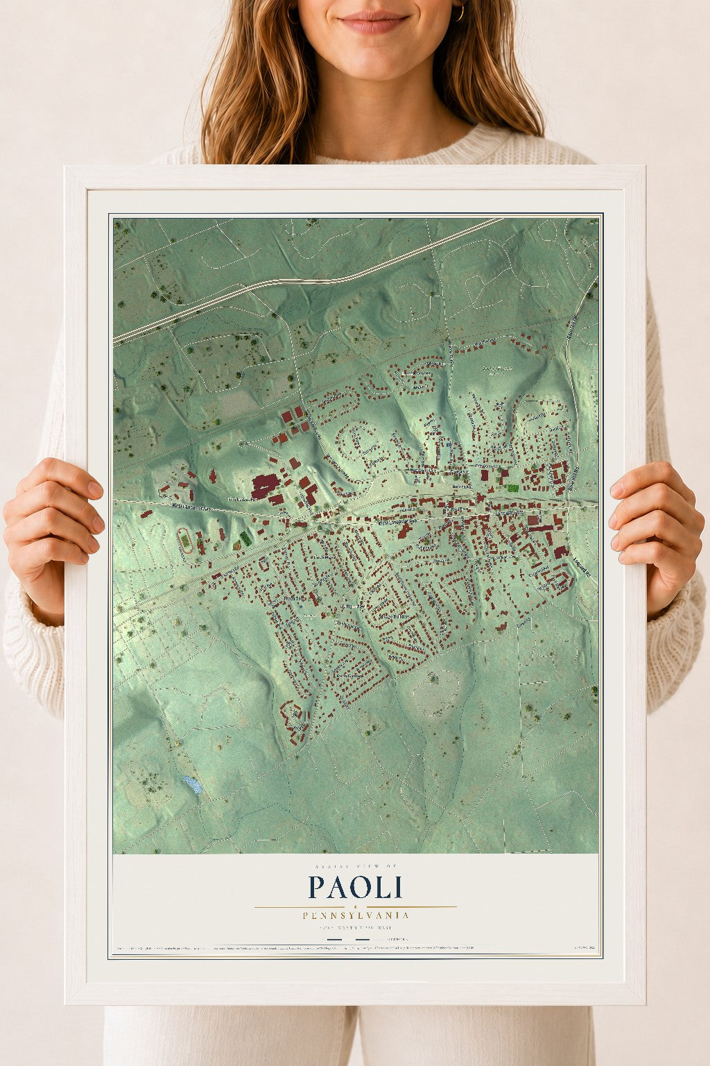 Map of Paoli, Pennsylvania, 18 x 24 inch print in a white wood frame