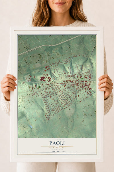 Map of Paoli, Pennsylvania, 18 x 24 inch print in a white wood frame