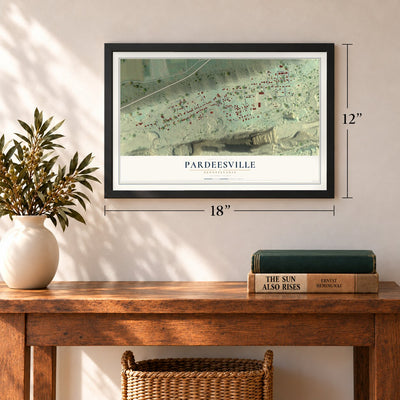 Pardeesville, Pennsylvania map, 12 x 18 inch print in a black frame in an entryway