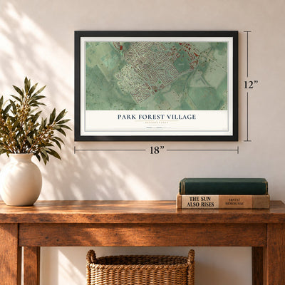 Park Forest Village, Pennsylvania map, 12 x 18 inch print in a black frame in an entryway