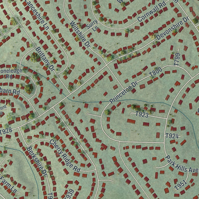 Close-up of the map of Park Forest Village, Pennsylvania print showing street and building detail