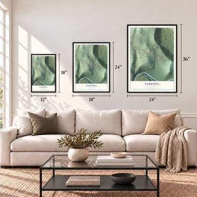 Parkhill, Pennsylvania map in 12 x 18, 18 x 24 and 24 x 36 inch sizes above a sofa
