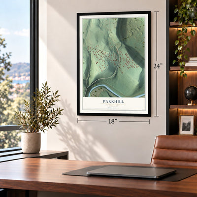Parkhill, Pennsylvania map, 18 x 24 inch print in a black frame in a home office