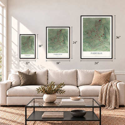 Parkville, Pennsylvania map in 12 x 18, 18 x 24 and 24 x 36 inch sizes above a sofa
