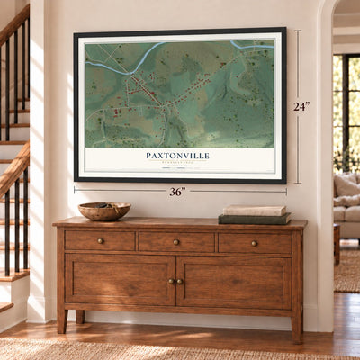 Paxtonville, Pennsylvania map, 24 x 36 inch print in a black frame above a dresser by a staircase